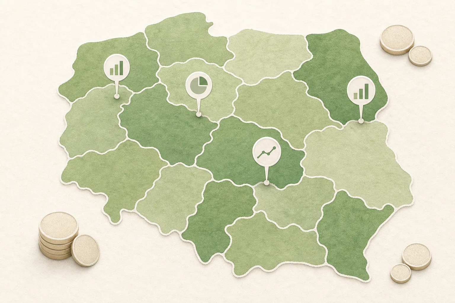 Abstrakcyjna mapa regionów w zielonych odcieniach
