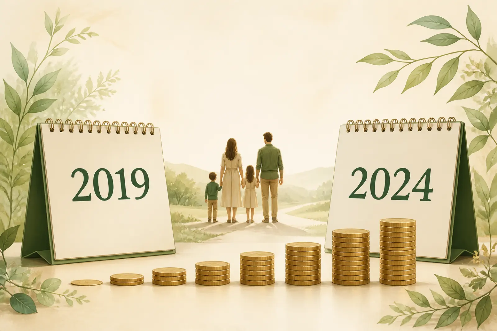 Kalendarze z latami 2019 i 2024 oraz rosnące stosy monet